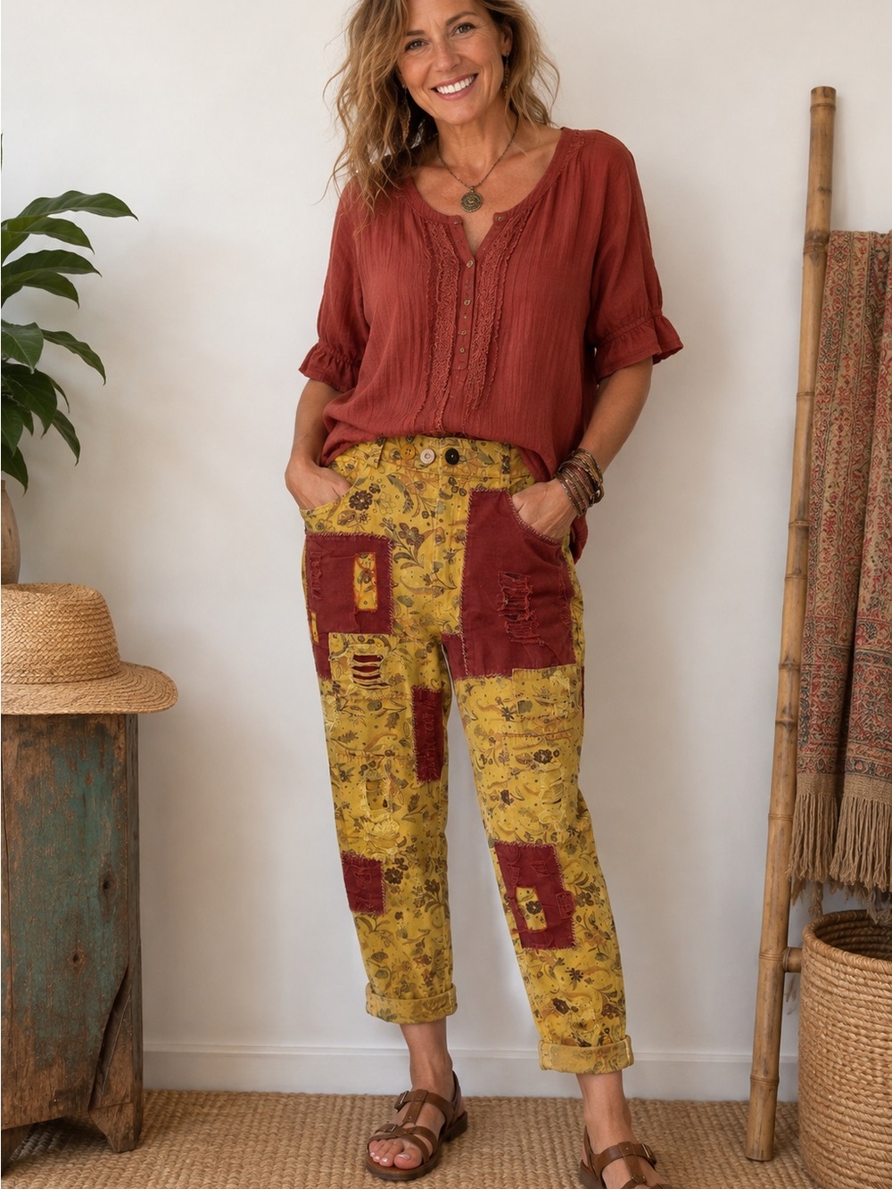BLUEVELVET Mustard Floral Barrel Pants with Red Patchwork